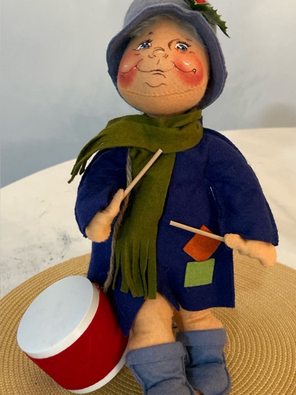 VTG 1971 Annalee Mobilitee Christmas Drummer  Boy 12.5”H Doll Hand Painted Holly